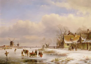 Schneeszene mit Windmühlen in der Ferne, 19. Jahrhundert